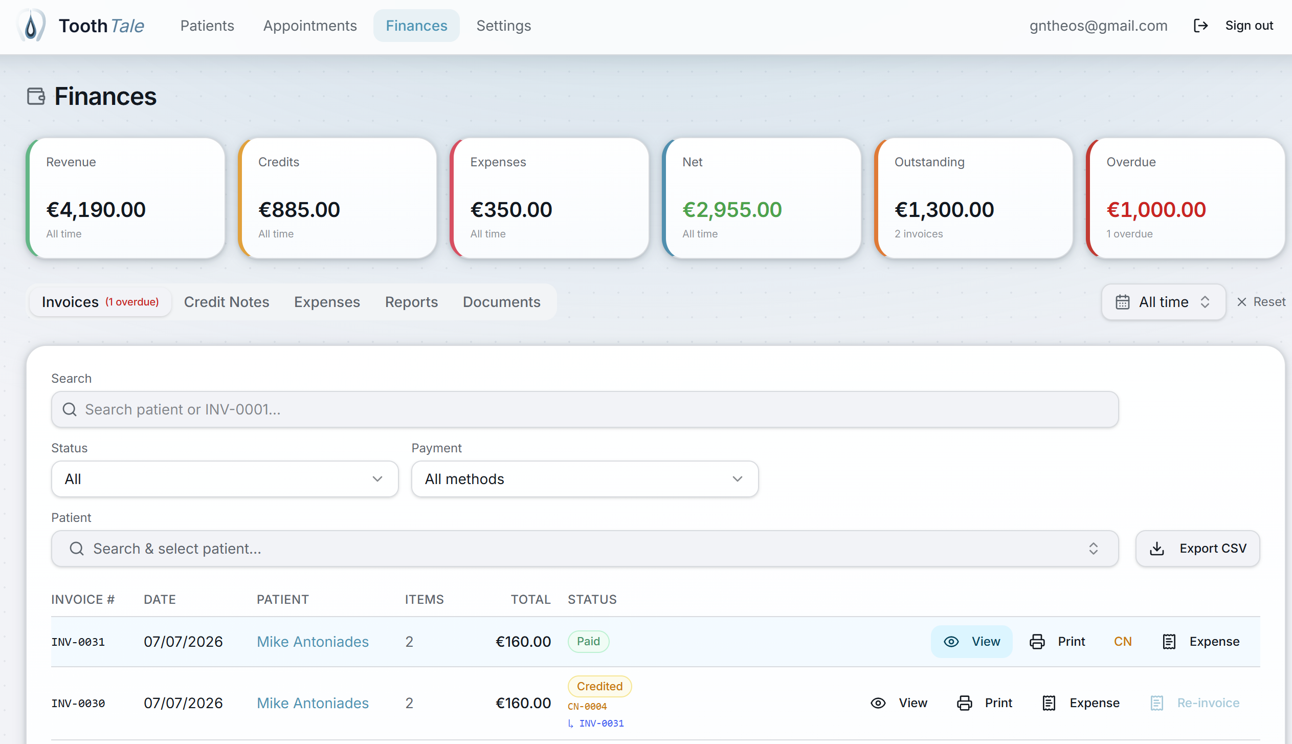 ToothTale finances overview with revenue, outstanding and overdue totals
